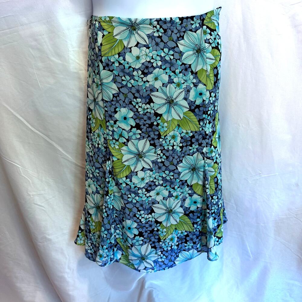 Vintage Sag Harbor Petite Floral Midi Skirt Size 16P Blue Green Flowy Lined Midi